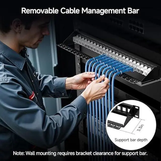 Alt view image 2 of 6 - Cable Matters Rackmount or Wall Mount 1U 24 Port Keystone Patch Panel with Cable Management and Support Bar, 19-inch Blank Patch Panel for Keystone Jacks