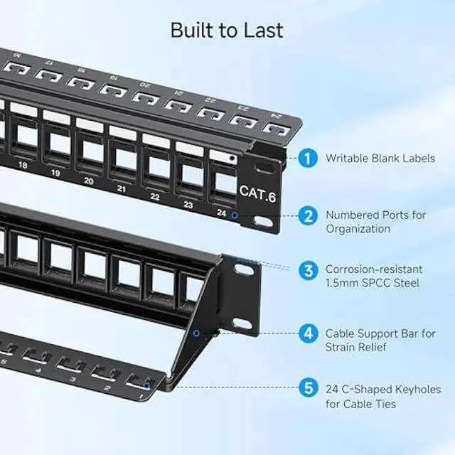 Alt view image 5 of 6 - Cable Matters Rackmount or Wall Mount 1U 24 Port Keystone Patch Panel with Cable Management and Support Bar, 19-inch Blank Patch Panel for Keystone Jacks