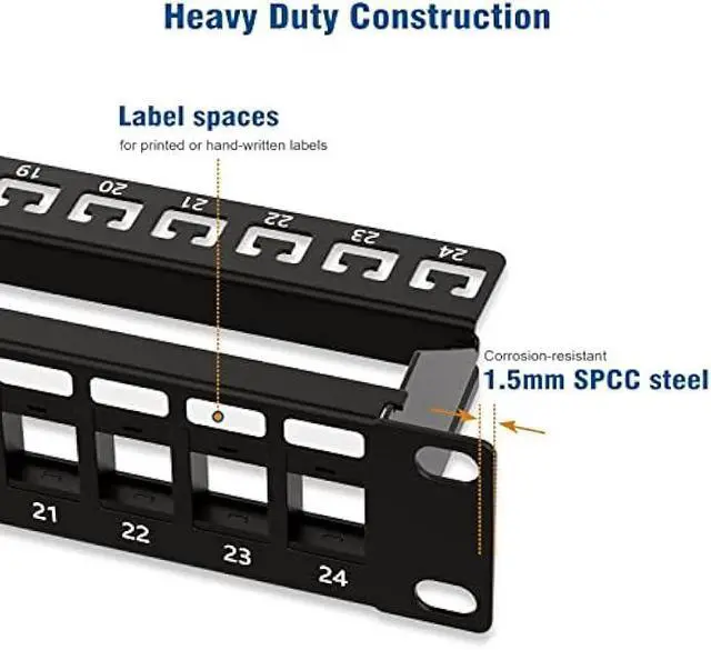 Alt view image 4 of 6 - Iwillink 24 Port Blank Keystone Patch Panel with Blank Keystone Jack Inserts 1U 19'' Metal Rackmount or Wallmount Housing for Keystone Jacks Keystone Panel