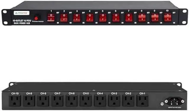 Main image of 10-Outlet 1U Horizontal PDU Rack Mount Power Strip - Surge Protector,100-240V/15A/1800 Joules,for Network Servers,Power Conditioner with 10 Individual Switches and 6 ft Power Cord