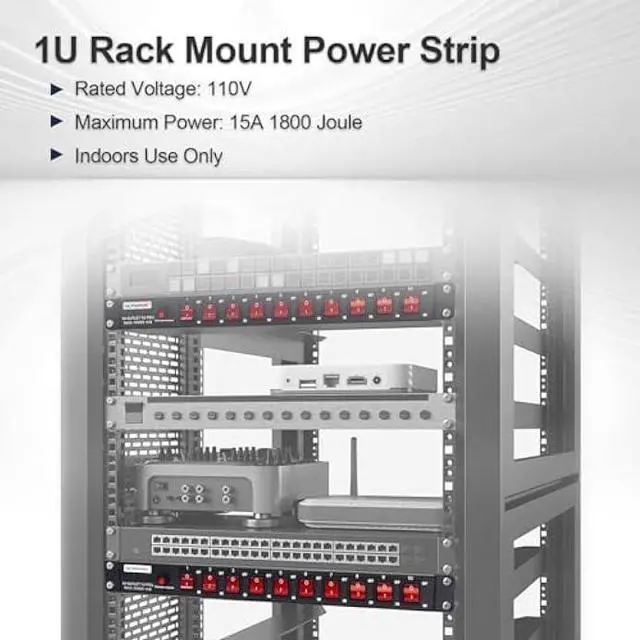 Alt view image 3 of 5 - 10-Outlet 1U Horizontal PDU Rack Mount Power Strip - Surge Protector,100-240V/15A/1800 Joules,for Network Servers,Power Conditioner with 10 Individual Switches and 6 ft Power Cord