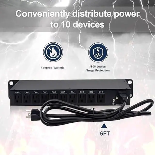 Alt view image 4 of 5 - 10-Outlet 1U Horizontal PDU Rack Mount Power Strip - Surge Protector,100-240V/15A/1800 Joules,for Network Servers,Power Conditioner with 10 Individual Switches and 6 ft Power Cord