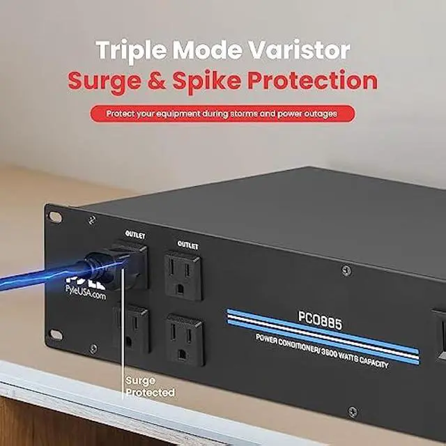 Alt view image 4 of 6 - PylePro PDU Power Strip Surge Protector - 3600 Watt 15 Amp 20 Outlet Heavy Duty Electric Extension Cord - 2U Rack Mount Power Conditioner w/ AC Filter - PCO885