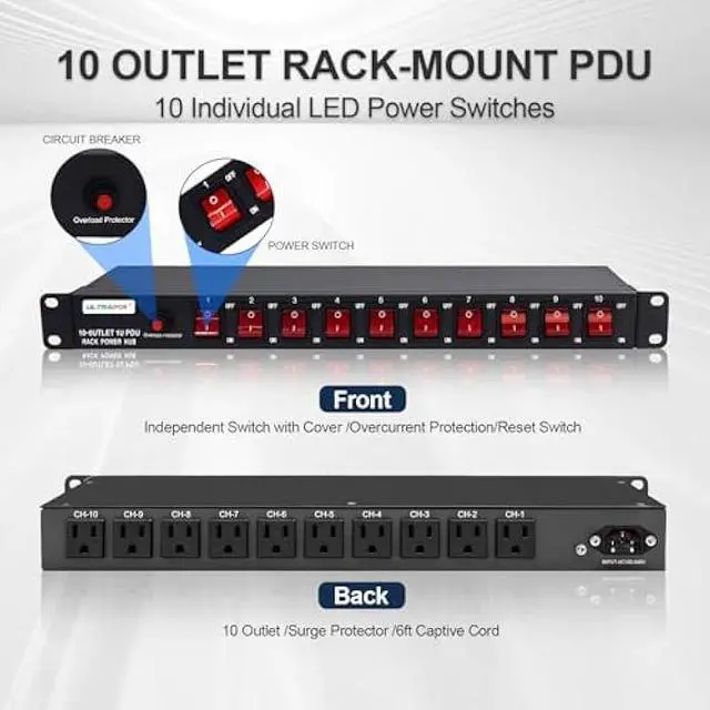 Alt view image 2 of 5 - 10-Outlet 1U Horizontal PDU Rack Mount Power Strip - Surge Protector,100-240V/15A/1800 Joules,for Network Servers,Power Conditioner with 10 Individual Switches and 6 ft Power Cord
