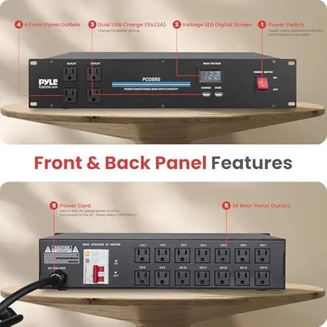 Alt view image 3 of 6 - PylePro PDU Power Strip Surge Protector - 3600 Watt 15 Amp 20 Outlet Heavy Duty Electric Extension Cord - 2U Rack Mount Power Conditioner w/ AC Filter - PCO885