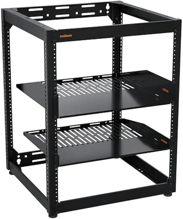 Main image of ECHOGEAR 15U Open Frame Rack for Servers & AV Gear - Wall Mountable Design Includes 2X Vented Shelves, 25x Rack Mounting Screws, 4X Leveling Feet, 4X Shelf Stops, & 2X Securement Straps