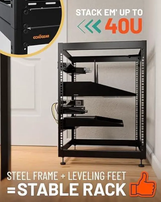 Alt view image 5 of 5 - ECHOGEAR 15U Open Frame Rack for Servers & AV Gear - Wall Mountable Design Includes 2X Vented Shelves, 25x Rack Mounting Screws, 4X Leveling Feet, 4X Shelf Stops, & 2X Securement Straps