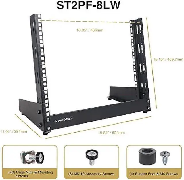 Alt view image 5 of 5 - Sound Town 8U 2-Post Desktop Open-Frame Rack, for Audio/Video, Network Switches, Routers, Patch Panels (ST2PF-8LW)
