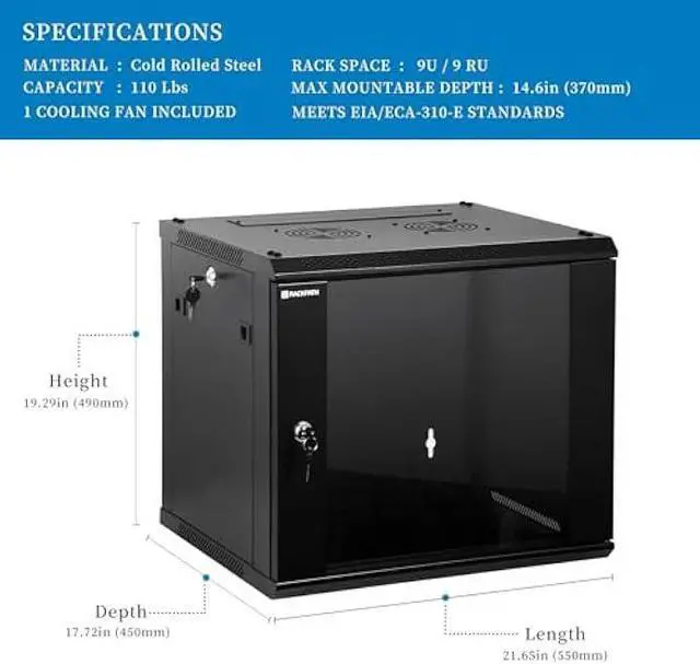 Alt view image 2 of 5 - RackPath 9U Wall Mount Network Rack Cabinet  Quiet Cooling Fan, Locking Glass Door, 17.7 Deep (450mm), Removable Locking Side Panels, Fits 19 IT & A/V Equipment