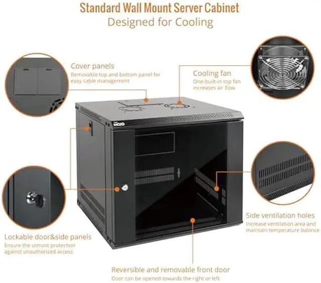 Alt view image 3 of 6 - Tecmojo 9U Wall Mount Server Cabinet IT Network Rack Enclosure Lockable Door and Side Panels Black,Cooling Fan, Glass Door, 17.7inch Depth,for 19 IT Equipment, A/V Devices