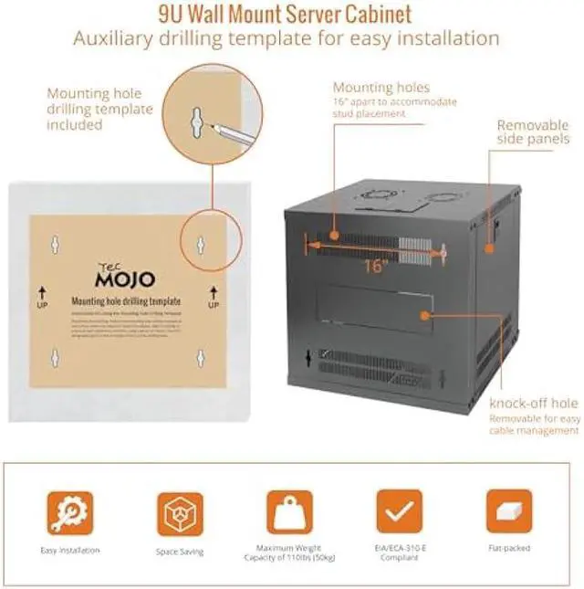 Alt view image 5 of 6 - Tecmojo 9U Wall Mount Server Cabinet IT Network Rack Enclosure Lockable Door and Side Panels Black,Cooling Fan, Glass Door, 17.7inch Depth,for 19 IT Equipment, A/V Devices