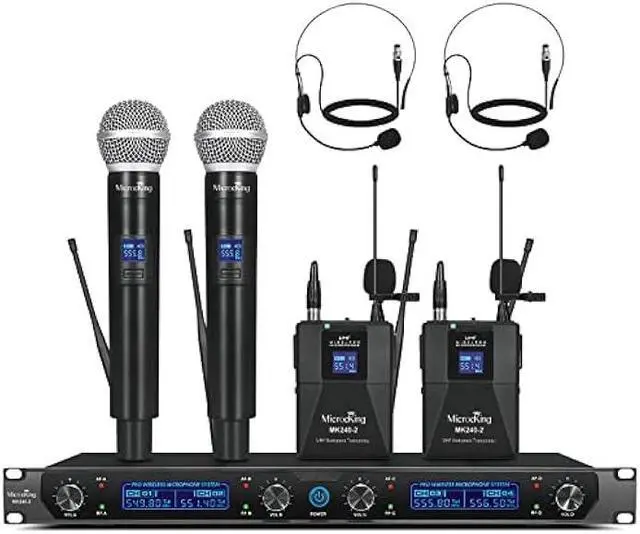 Main image of MicrocKing Wireless Microphone System, UHF Cordless Mic Set with 2 Handheld Mics/2 Lavalier Bodypacks, Metal Build, Fixed Frequency, Long Range, Ideal for Karaoke/Party/Wedding/Concert