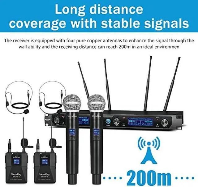 Alt view image 3 of 5 - MicrocKing Wireless Microphone System, UHF Cordless Mic Set with 2 Handheld Mics/2 Lavalier Bodypacks, Metal Build, Fixed Frequency, Long Range, Ideal for Karaoke/Party/Wedding/Concert