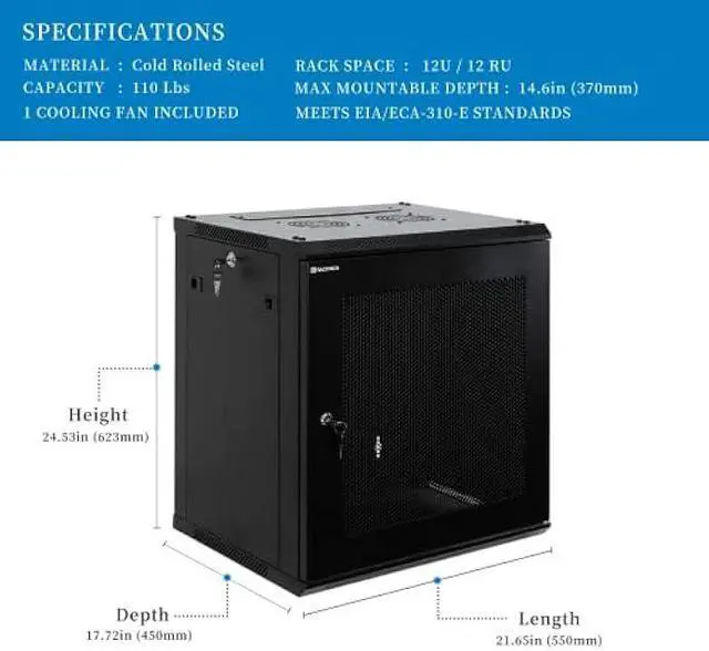 Alt view image 2 of 5 - RackPath 12U Wall Mount Server Cabinet Network Rack Enclosure, Quiet Cooling Fan, Perforated Door, Black