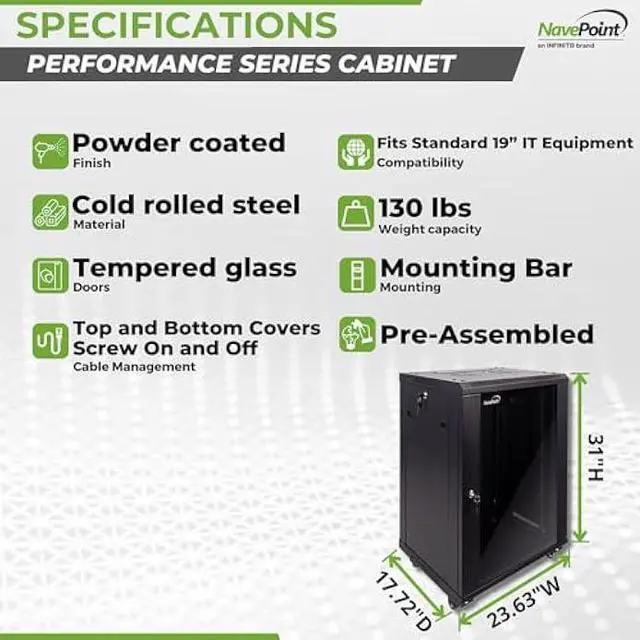 Alt view image 4 of 5 - NavePoint 15U Server Cabinet Wall Mount Rack Enclosure with Caster Wheels, Includes 2 Fans, Locking Glass Door, Removable Side Panels  15U Network Cabinet 17.7 Deep, 19Server Rack for IT Equipment