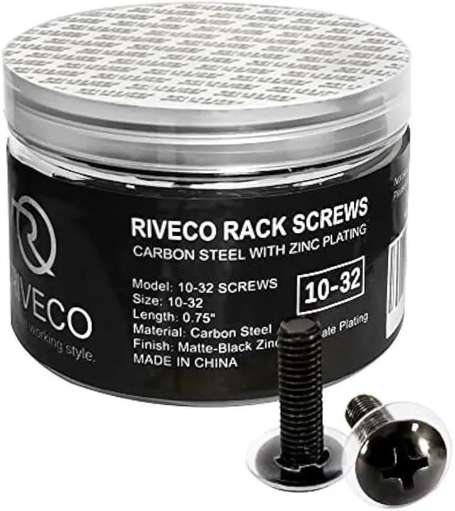Main image of RIVECO 100PCS 10-32 Rack Screws for Server Cabinets & Racks Tapered Holes Mounting Network Equipment Audio Devices, Carbon Steel Black