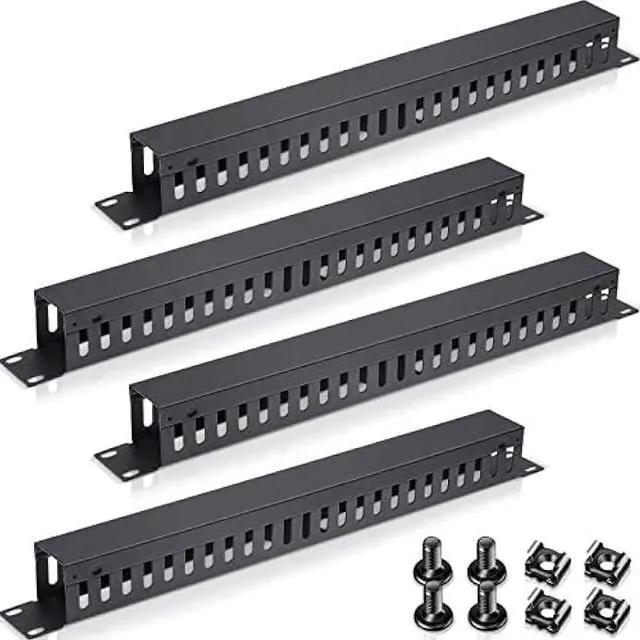 Main image of 4 Pack 1U 19 Inch Cable Manager 24 Slot Horizontal Rack Mount Wire Management Server Rack Cable Management Metal Finger Duct Wire Organizer with Cover and Mounting Screws for Network Cabinet, Black