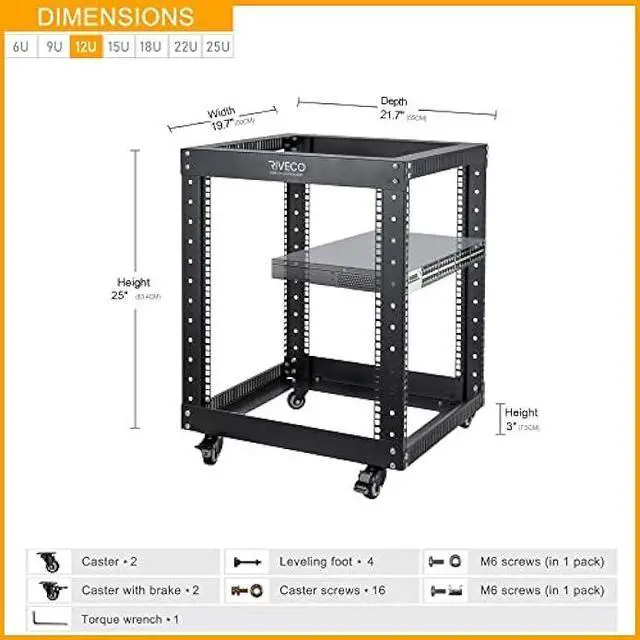 Alt view image 3 of 6 - 12U Server Rack Open Frame with Casters-RIVECO 4 Post Quick Assembly 19-inch, Data Rack Network Shelf Cabinet Heavy Duty Black