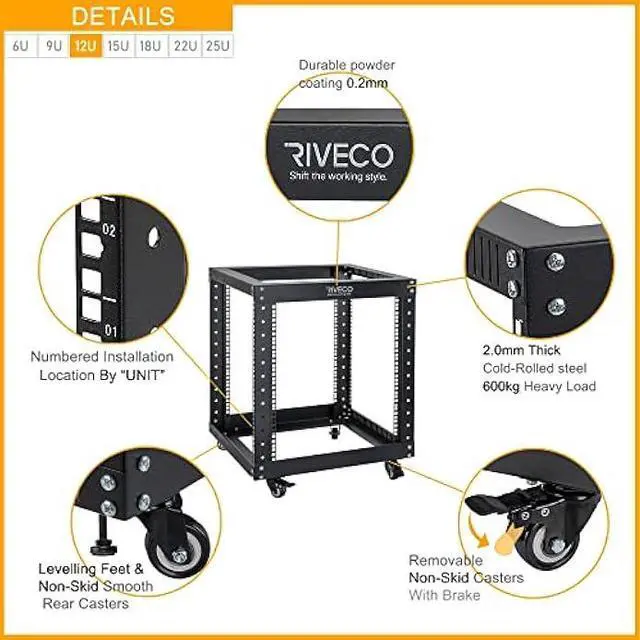 Alt view image 4 of 6 - 12U Server Rack Open Frame with Casters-RIVECO 4 Post Quick Assembly 19-inch, Data Rack Network Shelf Cabinet Heavy Duty Black