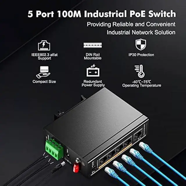 Alt view image 2 of 6 - MokerLink 5 Port PoE+ Industrial Din Rail Switch, 4 Ports PoE+ IEEE802.3af/at, 1 Uplink, 10/100Mbps Fast Ethernet, DIN-Rail & Wall Mount Included