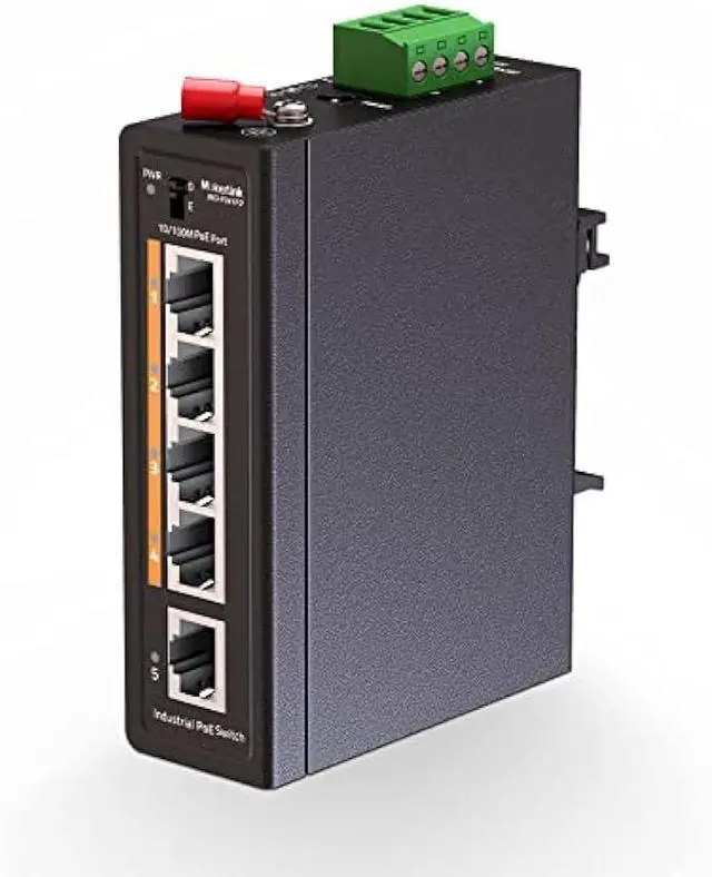 Main image of MokerLink 5 Port PoE+ Industrial Din Rail Switch, 4 Ports PoE+ IEEE802.3af/at, 1 Uplink, 10/100Mbps Fast Ethernet, DIN-Rail & Wall Mount Included