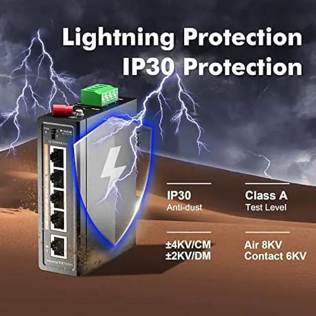 Alt view image 4 of 6 - MokerLink 5 Port PoE+ Industrial Din Rail Switch, 4 Ports PoE+ IEEE802.3af/at, 1 Uplink, 10/100Mbps Fast Ethernet, DIN-Rail & Wall Mount Included