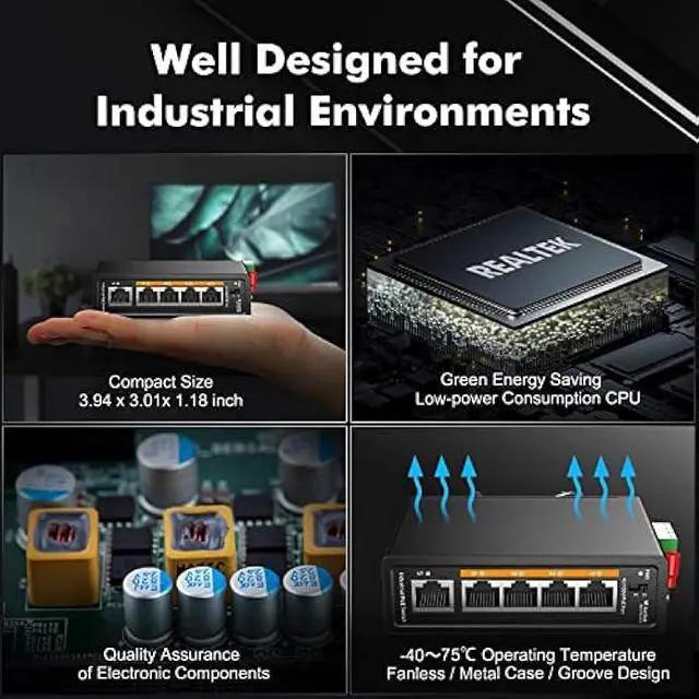 Alt view image 5 of 6 - MokerLink 5 Port PoE+ Industrial Din Rail Switch, 4 Ports PoE+ IEEE802.3af/at, 1 Uplink, 10/100Mbps Fast Ethernet, DIN-Rail & Wall Mount Included