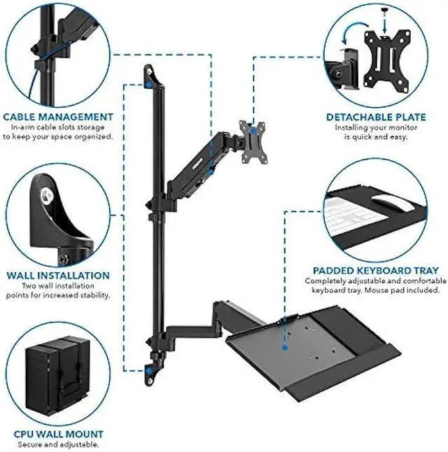 Alt view image 4 of 5 - Mount-It! Wall Mount Workstation with Single Monitor Mount, Keyboard Tray and CPU Holder, Height Adjustable Full Motion Arms, Fits One 32 Inch Computer Screens