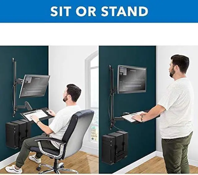 Alt view image 3 of 5 - Mount-It! Wall Mount Workstation with Single Monitor Mount, Keyboard Tray and CPU Holder, Height Adjustable Full Motion Arms, Fits One 32 Inch Computer Screens