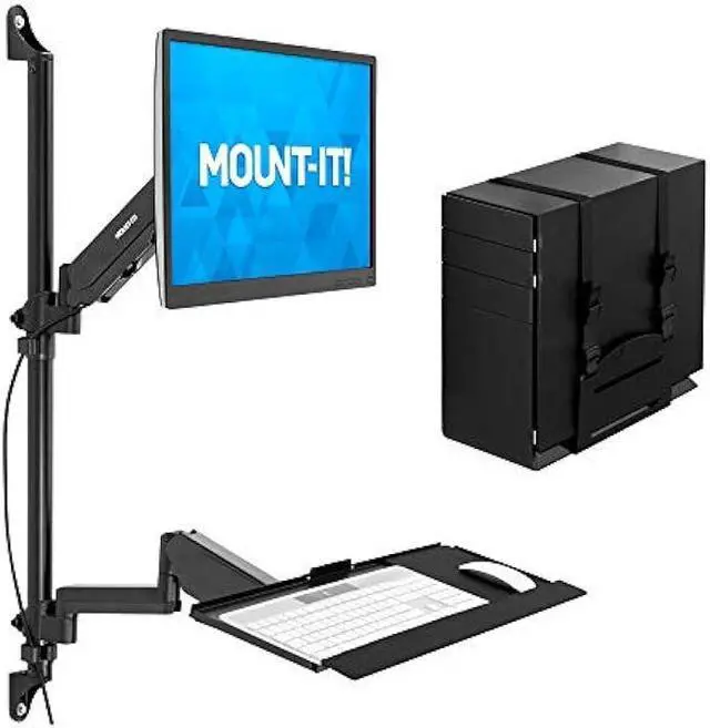 Main image of Mount-It! Wall Mount Workstation with Single Monitor Mount, Keyboard Tray and CPU Holder, Height Adjustable Full Motion Arms, Fits One 32 Inch Computer Screens