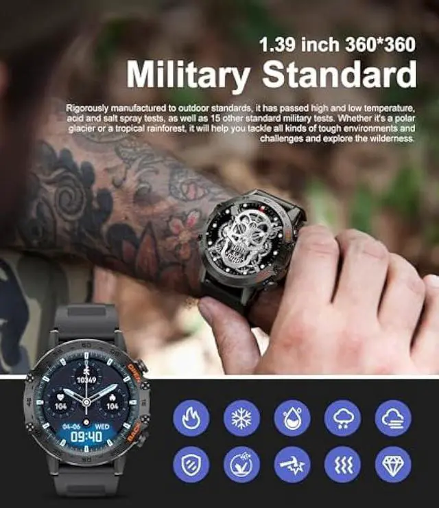Alt view image 4 of 5 - Military Smart Watch for Men(Answer/Dial Calls),100 Sports Modes, 5ATM Waterproof Fitness Watch with Heart Rate/SpO2/Blood Pressure for Android and iOS,1.39''HD DIY Screen Smartwatch Black