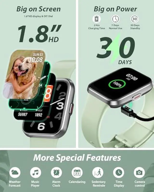 Alt view image 6 of 6 - Smart Watch for Men Women(Call Receive/Dial), Alexa Built-in, 1.8 Touch Screen Fitness Tracker with Heart Rate Sleep Tracking, 100 Sports Modes, 5ATM Waterproof Smartwatch for Android iPhone