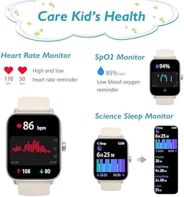 Alt view image 5 of 5 - KALINCO Kids Smart Watch, IP68 Waterproof Swimming Smartwatch, 1.8'' Fitness Activity Tracker Watch with 100 Sports Modes, Make Call/Answer, HR & Sleep Monitor, Alarm for 7+ Boys Girls Teens