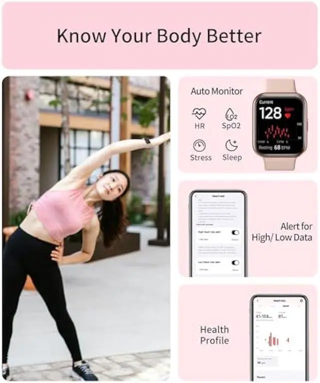 Alt view image 5 of 5 - RERE ASW2 Smart Watch (Answer/Make Call), Alexa Built-in, 1.69 Fitness Tracker with 60 Sports Mode, Heart Rate, Blood Oxygen, Sleep Monitor, Fit for Android and iPhone, IP68 Waterproof, Pink
