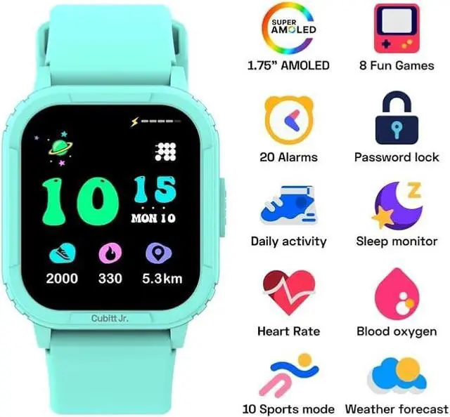 Alt view image 6 of 6 - Cubitt Jr. Smartwatch Fitness Tracker for Kids and Teens with Games, Step Counter, Sleep Monitor, Heart Rate Monitor, Calculator, Activity Tracking, 1.75 AMOLED Touchscreen, Waterproof  Dusty Lilac