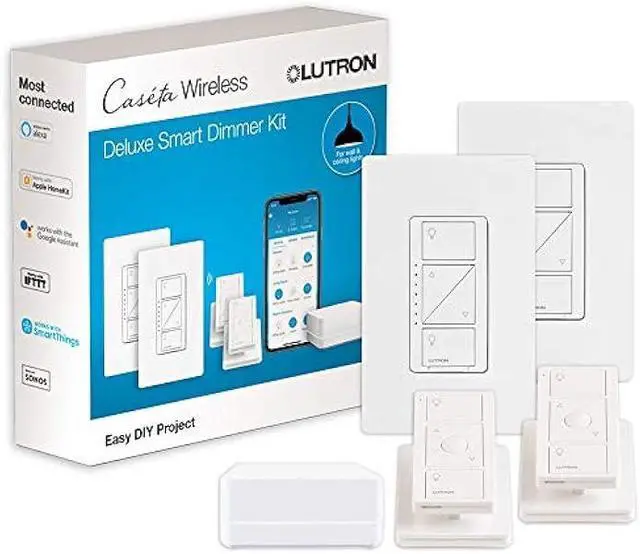 Main image of Lutron Caseta Original Smart Dimmer Switch Kit, 2 Dimmer Switches, 2 Wall Plates, 2 Remotes, 2 Pedestals, and Smart Hub, Works with Alexa, Apple Home, Google Home, 3Way, 150W, No Neutral, P-BDG-PKG2W