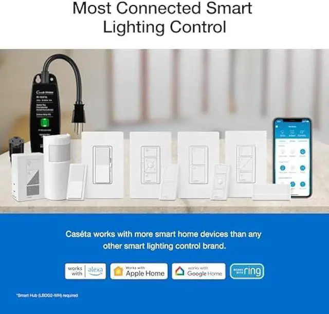 Alt view image 5 of 5 - Lutron Caseta Original Smart Dimmer Switch Kit, 2 Dimmer Switches, 2 Wall Plates, 2 Remotes, 2 Pedestals, and Smart Hub, Works with Alexa, Apple Home, Google Home, 3Way, 150W, No Neutral, P-BDG-PKG2W