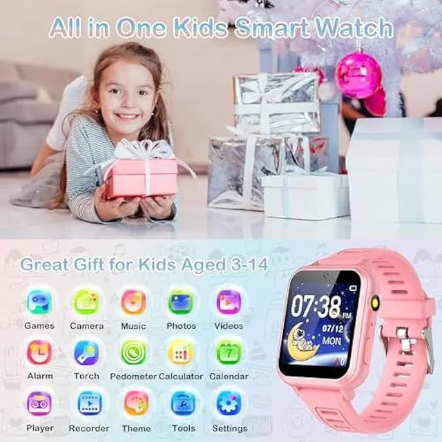Alt view image 2 of 5 - Kids Smart Watches Girls Age 3-12 Kids Watches with 24 Games Touch Screen Music Player Camera Alarm Clock Calculator Flashlight 12/24 hr Educational Toys Birthday Gifts for Girls Ages 6 7 8 9 10