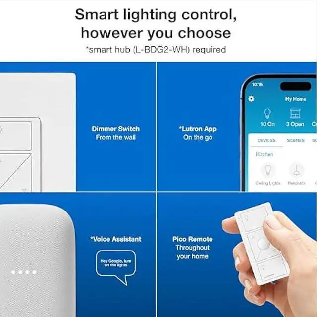 Alt view image 4 of 5 - Lutron Caseta Original Smart Dimmer Switch Kit, 2 Dimmer Switches, 2 Wall Plates, 2 Remotes, 2 Pedestals, and Smart Hub, Works with Alexa, Apple Home, Google Home, 3Way, 150W, No Neutral, P-BDG-PKG2W