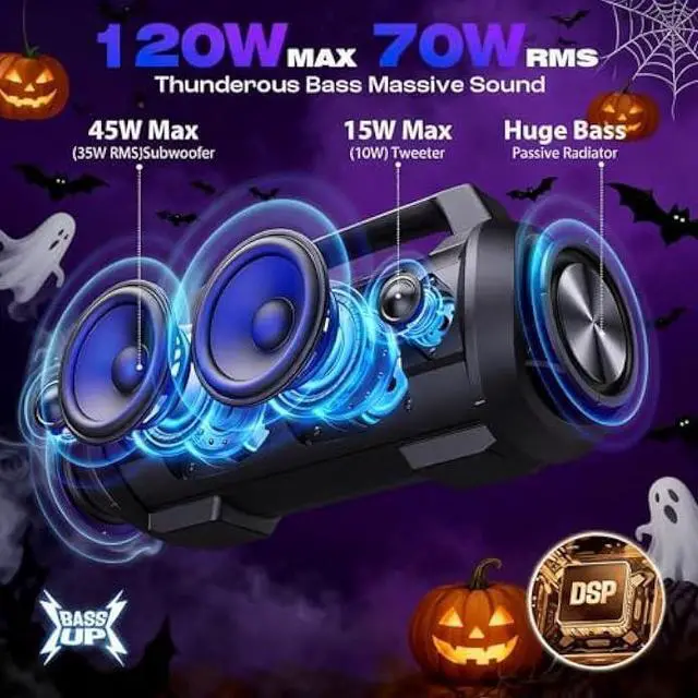 Alt view image 2 of 5 - W-KING Portable Speakers Bluetooth Wireless, 120W Max Loudest Bluetooth Speaker, IPX6 Waterproof Outdoor Speaker with 70W Deep Bass/2*Subwoofer/DSP/EQ/42H/LED/MAC-in/TF/2 Pairing, Large Party Boombox