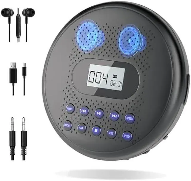 Main image of ARAFUNA Portable CD Player with Dual Stereo Speakers, Rechargeable Compact CD Player for Car with Anti-Skip Protection, Headphones and AUX Cable