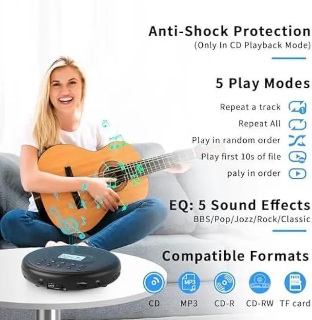 Alt view image 4 of 5 - ARAFUNA Portable CD Player with Dual Stereo Speakers, Rechargeable Compact CD Player for Car with Anti-Skip Protection, Headphones and AUX Cable