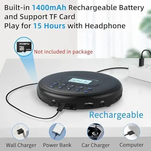 Alt view image 3 of 5 - ARAFUNA Portable CD Player with Dual Stereo Speakers, Rechargeable Compact CD Player for Car with Anti-Skip Protection, Headphones and AUX Cable