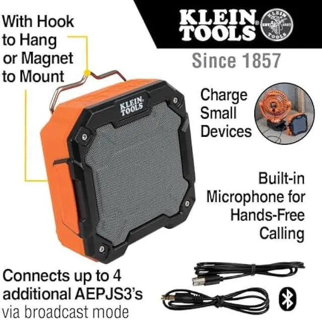 Alt view image 3 of 6 - Klein Tools AEPJS3 Bluetooth Jobsite Speaker With Magnet and Hook, 20-Hr Run Time, Charge Via USB A or C, Pair Multiple Speakers Via Broadcast, Hands Free Capable