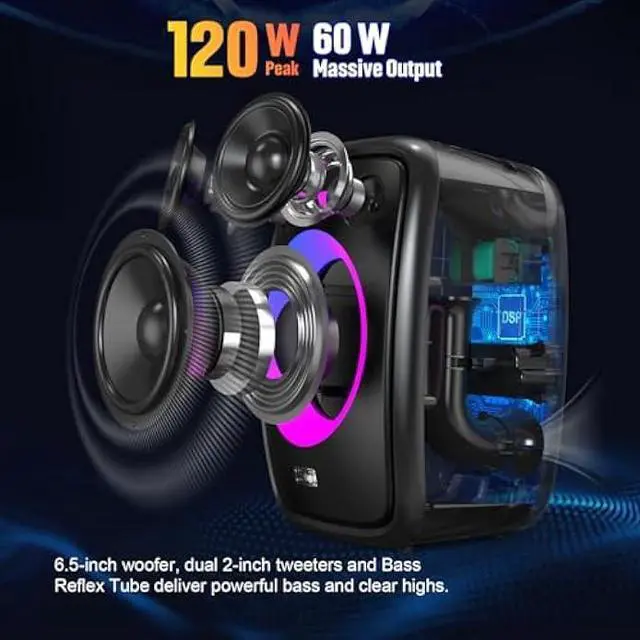 Alt view image 2 of 5 - DOSS PartyBoom Bluetooth Speaker Loud with 120W Stereo Sound, 2.1 Channel System, Punchy Bass, Lights Show, Splash Proof Design, PartySync, Mic and Guitar Inputs, Outdoor Speaker for Party