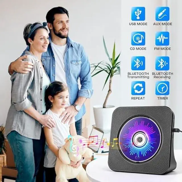 Alt view image 2 of 6 - Desktop CD Player with Speakers, ROADOM CD Players for Home, Portable CD Player with Bluetooth Hi-Fi Stereo Sound,Remote Control,Supports CD/Bluetooth/FM Radio/U Disk/AUX/Timer/Repeat,Black