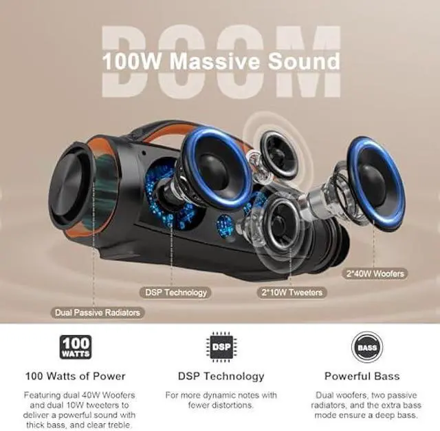 Alt view image 3 of 5 - DOSS Extreme Boom+ Outdoor Bluetooth Speaker with 100W Stereo Sound, Extra Bass, 20H Playtime, Party-Sync LED Lights, Built-in Power Bank, IPX6 Waterproof Speaker for Camping, Pool, Beach, Yard