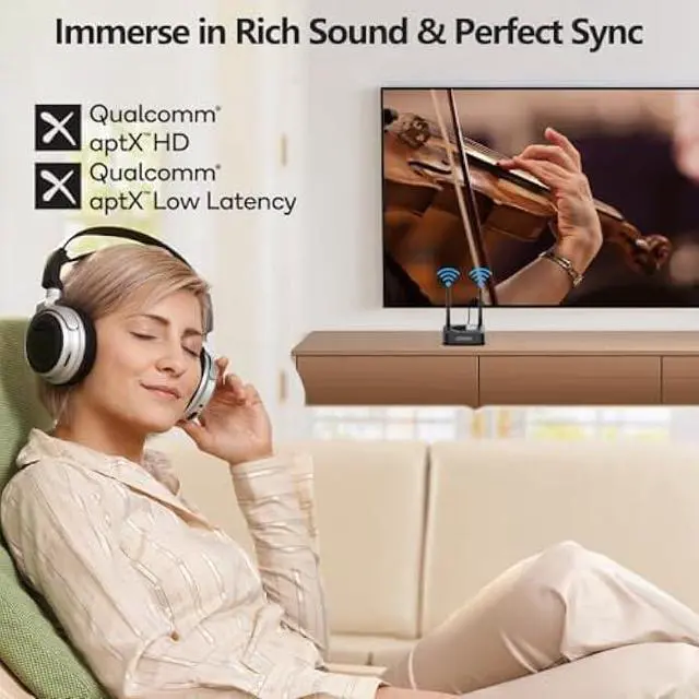 Alt view image 2 of 5 - 1Mii B06TX+ Long Range Bluetooth 5.2 Transmitter for TV/PC/Projector to 2 Wireless Headphones/Speakers, Bluetooth Adapter for TV w/Screen Display Plug n Play, aptX Low Latency & HD Audio