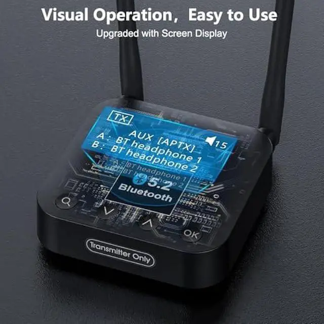 Alt view image 4 of 5 - 1Mii B06TX+ Long Range Bluetooth 5.2 Transmitter for TV/PC/Projector to 2 Wireless Headphones/Speakers, Bluetooth Adapter for TV w/Screen Display Plug n Play, aptX Low Latency & HD Audio