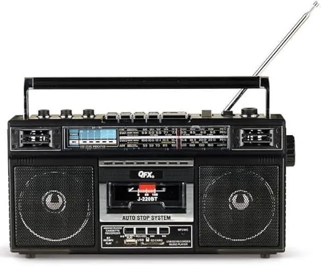 Main image of QFX J-220BT Boombox MP3 Conversion from Radio to Cassette with 4-Band (AM, FM, SW1, SW2) Radio with Bluetooth, Rechargeable Battery, Dual 3 Speakers, Built-in Microphone, Recorder, 3-Band Equalizer